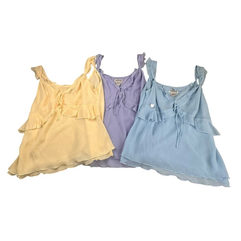Lot of 3 Georgiou Studio Cami Tops Ruffle Front Tie Tank Blue Yellow Purple 14